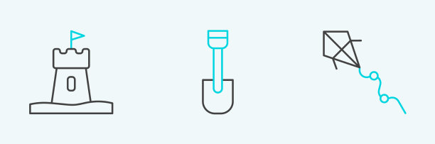 设置线风筝沙塔和铲子玩具图标图片下载