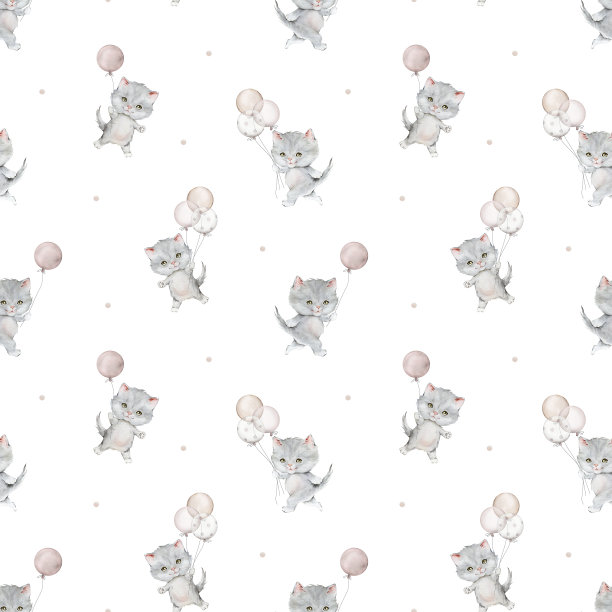 小毛绒灰色小猫和气球的无缝图案。水彩手绘。浅色背景的苏格兰折耳。发现了猫。宠物卡通的孩子，海报，贴纸，纺织品。图片下载