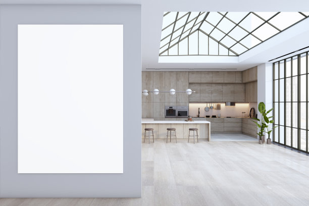 现代白色和木制宽敞的厨房内部有两层，带城市景观的吊窗，设备和日光。3 d渲染。图片下载