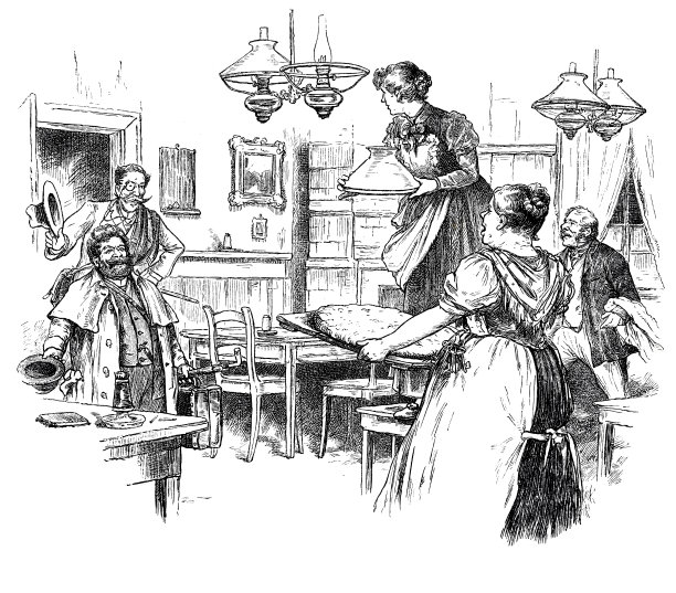 两个男人走进一家餐馆，戴着帽子友好地打招呼图片下载