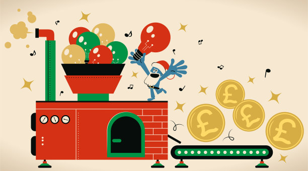 有创意的圣诞老人正在工厂里用最好的创意努力赚钱(英镑货币)图片下载