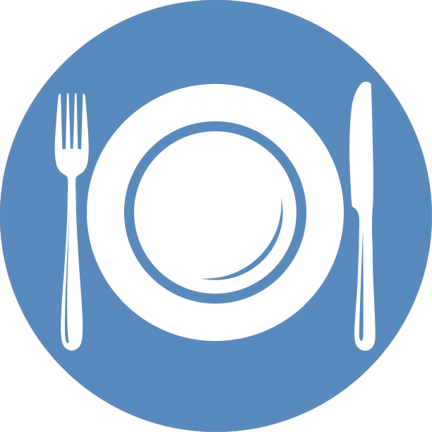叉子和勺子放在盘子附近的蓝色圆圈图片下载
