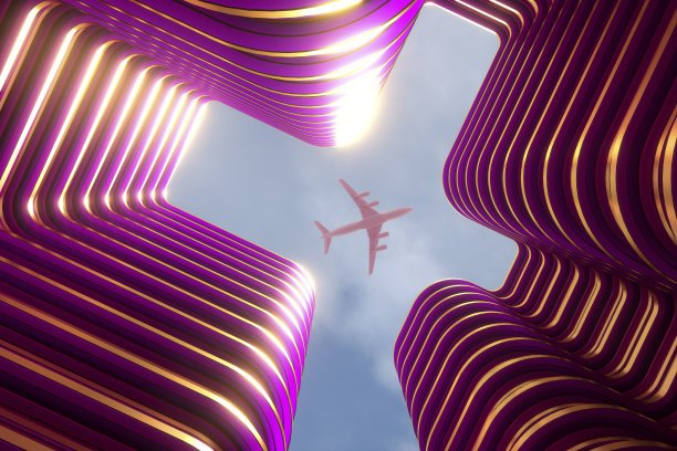 飞机飞过摩天大楼，低视角图片下载