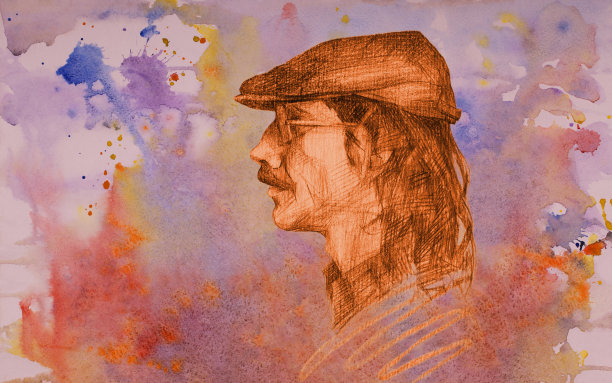 时尚的秋天插图寓言人物艺术品画象征性的水平水彩肖像印象派侧面年轻男子与长头发在一个红色的背景在秋天的颜色从水彩污点图片下载