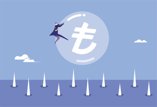 商人捧着土耳其货币泡沫即将倒下，地上布满荆棘，土耳其经济泡沫不断图片下载