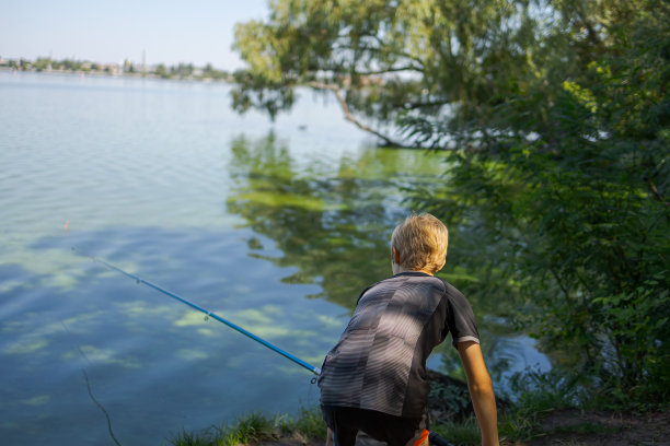 这个男孩夏天在河里钓鱼。图片下载