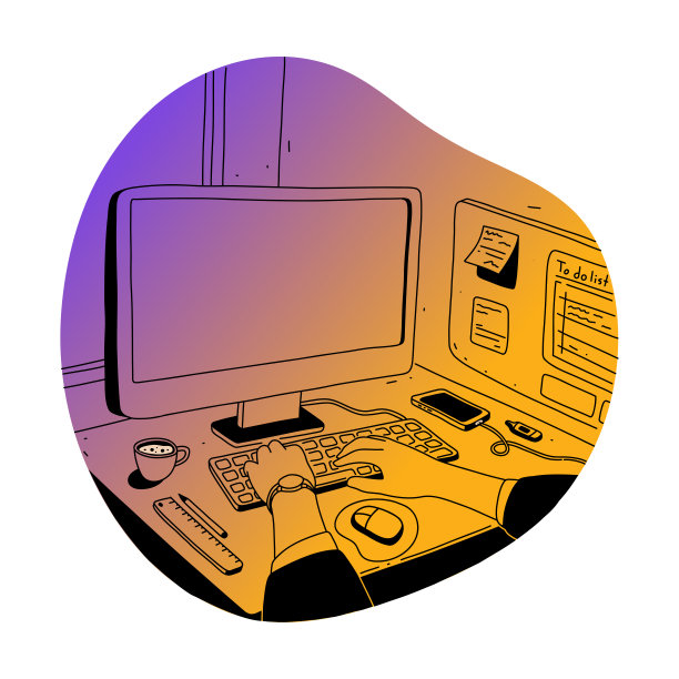 一个年轻人在电脑桌前工作。矢量插图办公桌设计概念。手绘，素描，涂鸦。图片下载