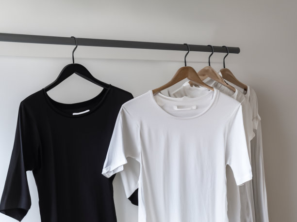 现实的t恤模型|衣架上的空白黑白t恤，设计模型。清楚纯棉t恤模拟模板。服装商店标识模拟品牌展示图片下载