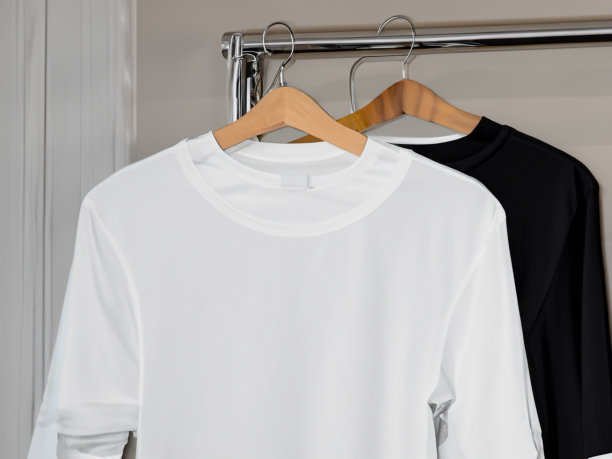 现实的t恤模型|衣架上的空白黑白t恤，设计模型。清楚纯棉t恤模拟模板。服装商店标识模拟品牌展示图片下载