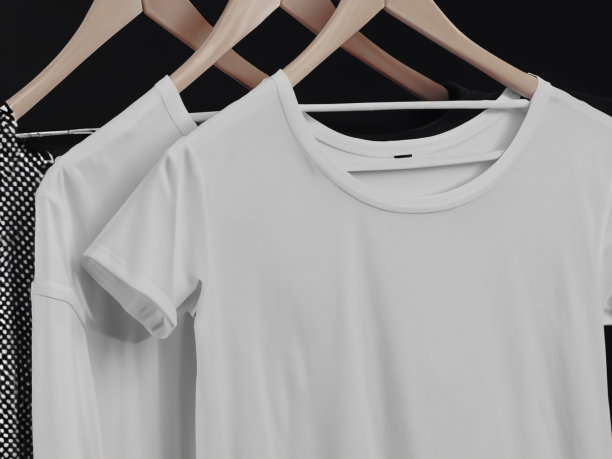 现实的t恤模型|衣架上的空白黑白t恤，设计模型。清楚纯棉t恤模拟模板。服装商店标识模拟品牌展示图片下载