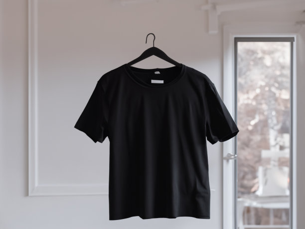 现实的t恤模型|衣架上的空白黑白t恤，设计模型。清楚纯棉t恤模拟模板。服装商店标识模拟品牌展示图片下载