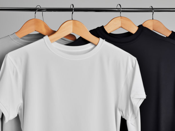现实的t恤模型|衣架上的空白黑白t恤，设计模型。清楚纯棉t恤模拟模板。服装商店标识模拟品牌展示图片下载