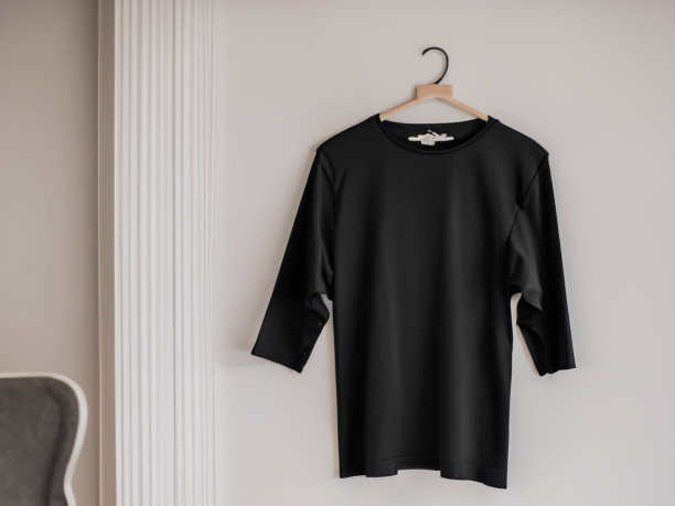 现实的t恤模型|衣架上的空白黑白t恤，设计模型。清楚纯棉t恤模拟模板。服装商店标识模拟品牌展示图片下载