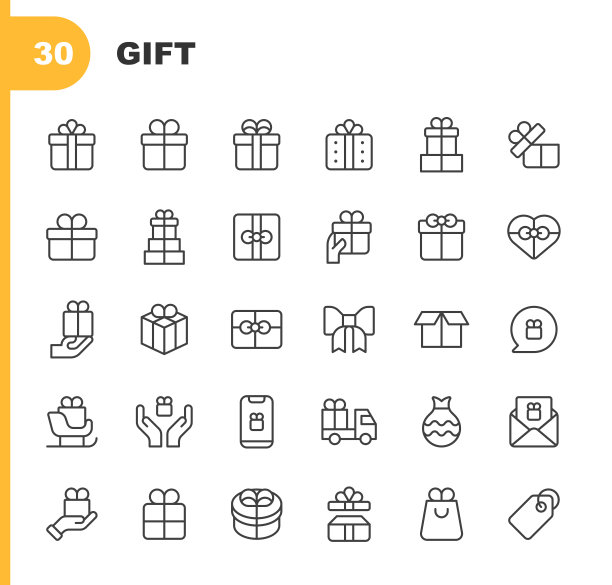 礼品系列图标。可编辑的中风。包括生日，礼物，盒子，庆祝，圣诞节，装饰，送货，电子商务，事件，礼品袋，礼品盒，礼品标签，包装，卡车，彩带，雪橇，惊喜，系蝴蝶结，婚礼。图片下载