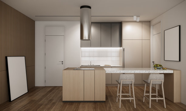 现代豪宅白色厨房3D效果图。住宅室内设计图片下载