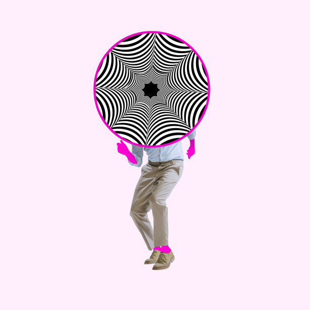 当代艺术拼贴。跳舞的男人用光学错觉设计圆形代替象征生命事件循环的头部。视错觉的概念图片下载