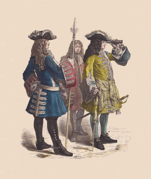 18世纪法国元帅和次官，手工着色木刻，大约1880年出版图片下载