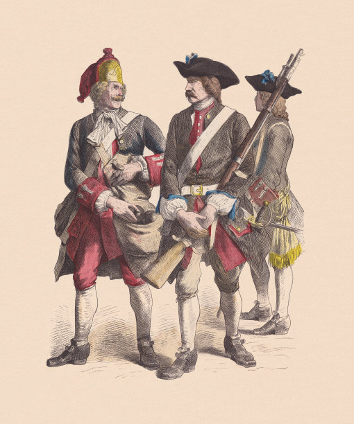 18世纪，奥地利步兵，手工着色木刻，大约出版于1880年图片下载