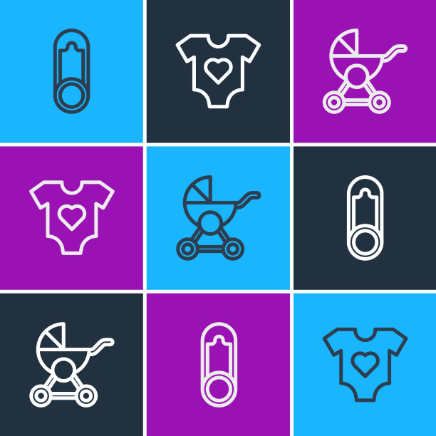 设置线婴儿衣服别针婴儿车和图标图片下载