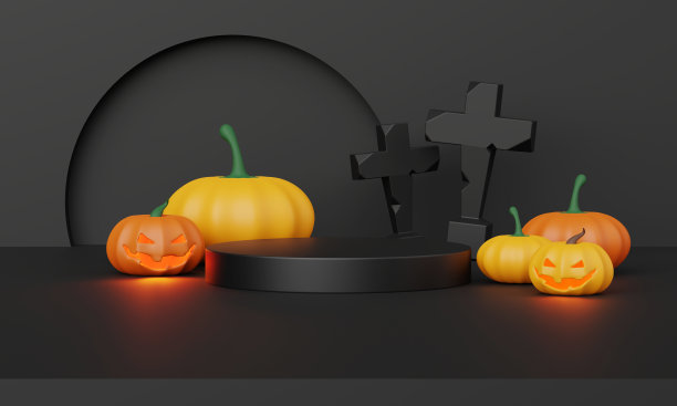 3d渲染，万圣节快乐的背景与讲台展台产品和夜景和可爱的幽灵设计。万圣节南瓜，鬼，女巫的坩埚和出没的房子在橙色的背景。图片下载