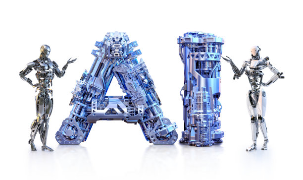 半人机器人站在孤立的人工智能字母附近图片下载