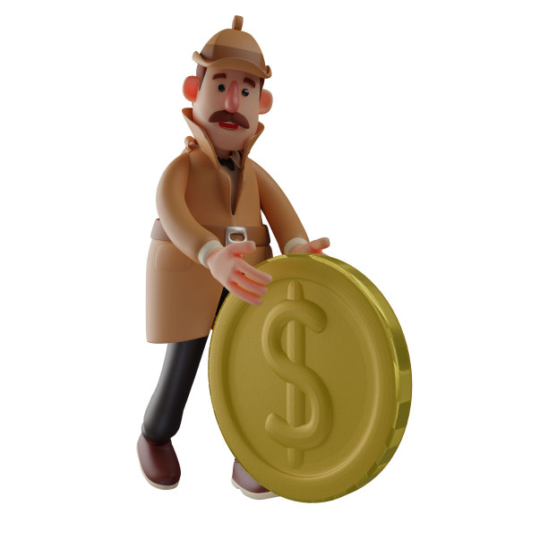 富侦探3D卡通插图与金币图片下载