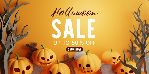 3 d渲染。万圣节销售信息南瓜，十字架，头骨，坟墓在一个橙色的背景。墓地里干枯的树木图片下载