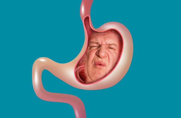 胃疼。男性痛苦的脸被孤立在蓝色背景上图片下载