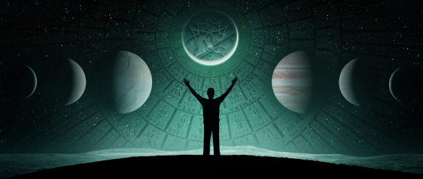 以星空、行星和古代天文仪器为背景的人。关于天文学、占星术、科学、数字命理学、占卜的概念。这张图片的元素由美国宇航局提供。图片下载