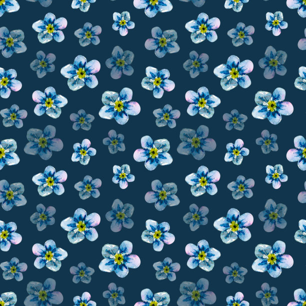 外地勿忘我花蕾手绘无缝关系。水彩花卉插图精致的蓝色花头在不同大小的黑色背景。草地野花画法娴熟，可用于纺织品印刷、包装、明信片、墙纸等图片下载