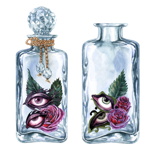 美丽的水彩复古瓶香水和灵丹妙药在幻想游戏，在炼金术实验室，魔术药水与玫瑰，眼睛图片下载