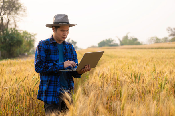 亚洲男性聪明的农民手通过笔记本电脑使用现代数字技术图片下载