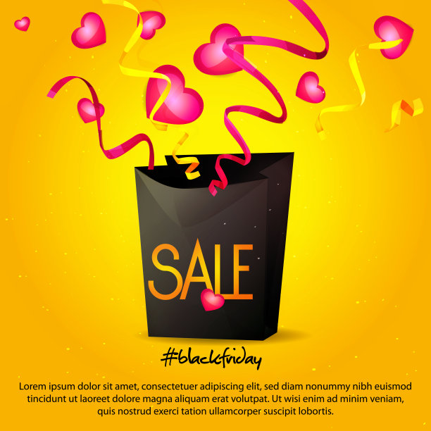 卡通风格的季节性销售概念。“黑色星期五”。黑色礼品袋与礼品和心脏彩纸在抽象的彩色节日背景。有文字位置的创意海报。图片下载