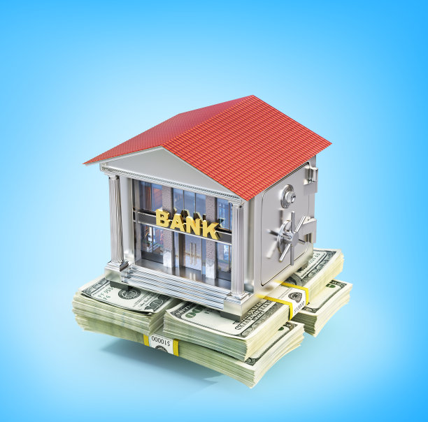 金融的概念。银行大楼形状的金属保险柜。三维演示图片下载