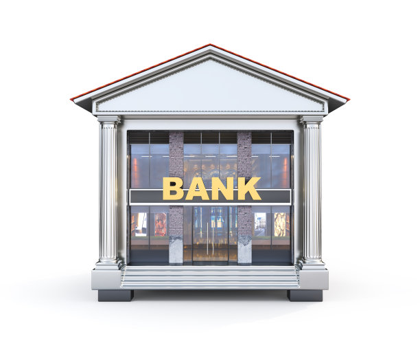 金融的概念。银行大楼形状的金属保险柜。三维演示图片下载