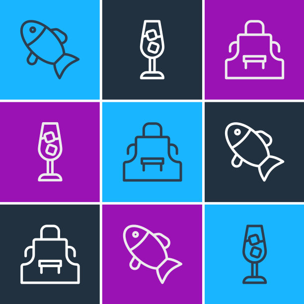 设置线鱼厨房围裙和酒杯图标图片下载