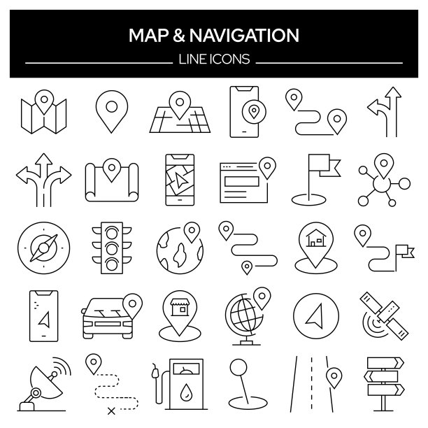 地图和导航相关的线图标的设置。轮廓符号集合，可编辑的描边图片下载