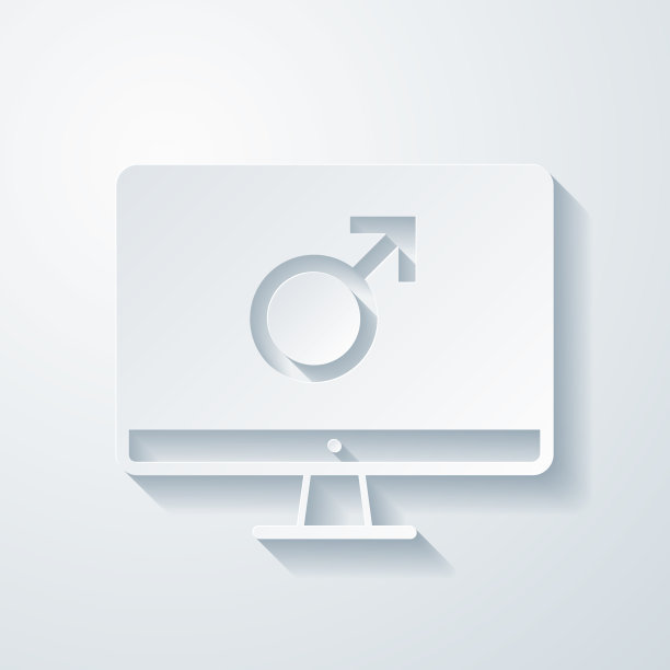 带有男性符号的台式电脑。空白背景上剪纸效果的图标图片下载