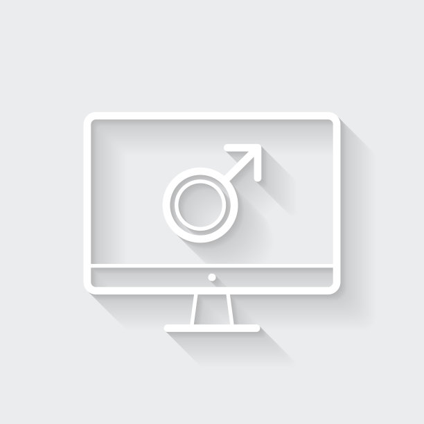 带有男性符号的台式电脑。图标与空白背景上的长阴影-平面设计图片下载