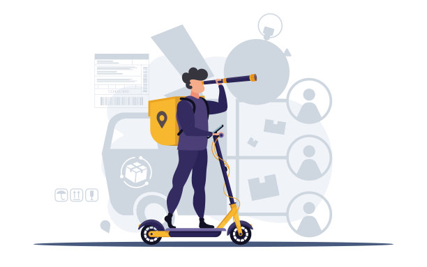 快递员骑着一辆电动滑板车。交付的概念。动态矢量平面插图。图片下载