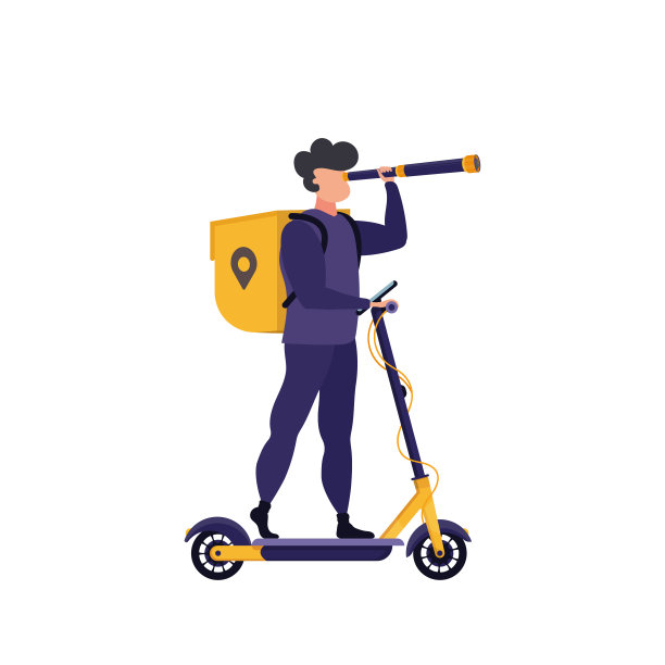 快递员骑着一辆电动滑板车。交付的概念。孤立的动态向量图片下载
