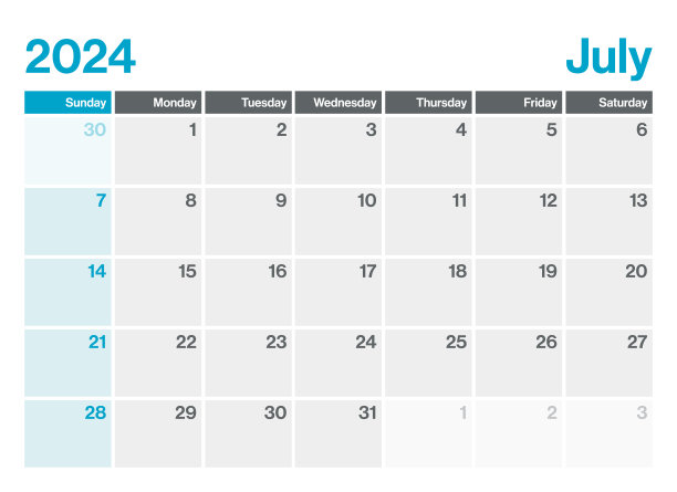 2024年7月-日历规划师。极简风格的景观水平日历2024年。向量模板。一周从周日开始图片下载