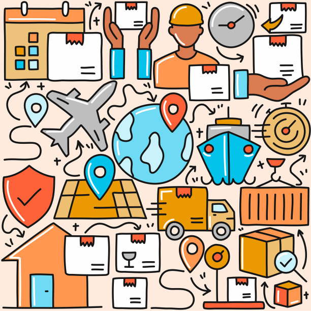 交付和物流相关的涂鸦插图。手绘矢量交付和物流符号和图标。图片下载