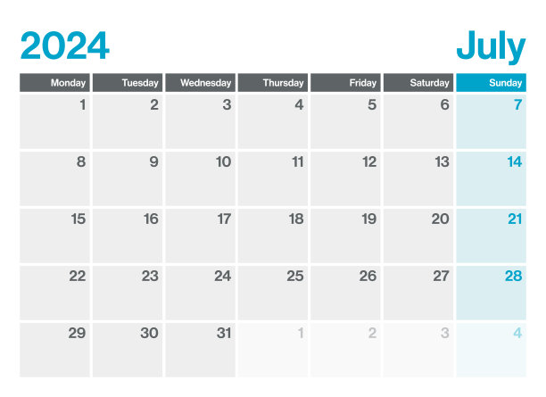 2024年7月-日历规划师。极简风格的景观水平日历2024年。向量模板。这一周从星期一开始图片下载