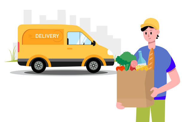 快递员拿着装着食物的纸袋，后面跟着一辆黄色的车。快速免费配送的理念。矢量插图。图片下载