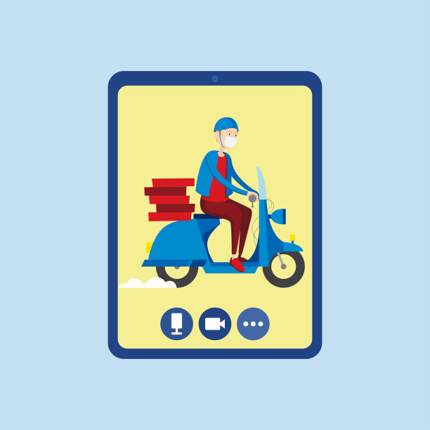 戴着防护面具的送货员骑着摩托车送披萨图片下载