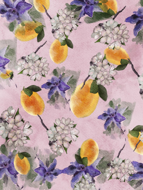 柠檬与铁线莲和茉莉的插图图片下载