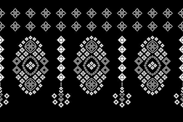 民族几何织物图案十字绣。伊卡特刺绣民族东方像素图案黑色背景。图片下载