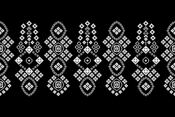 民族几何织物图案十字绣。伊卡特刺绣民族东方像素图案黑色背景。图片下载