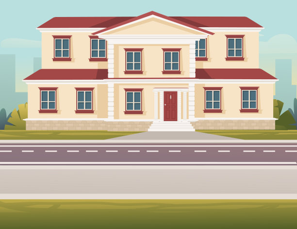 通往城市的道路，穿过木屋，绿色的草地，树木和灌木丛，阳光明媚的一天，天空晴朗的矢量插图图片下载